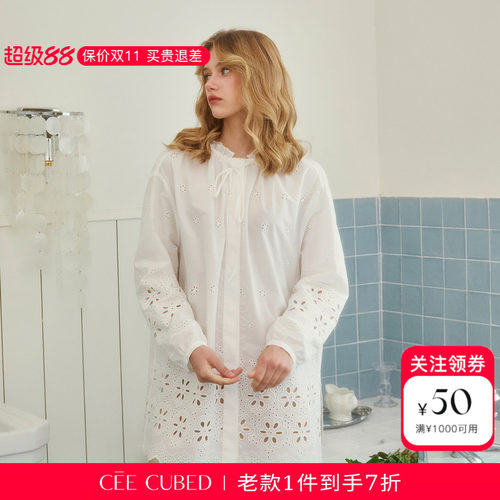 ELLIGIOI白色镂空花朵刺绣长袖连衣裙女2026新款
