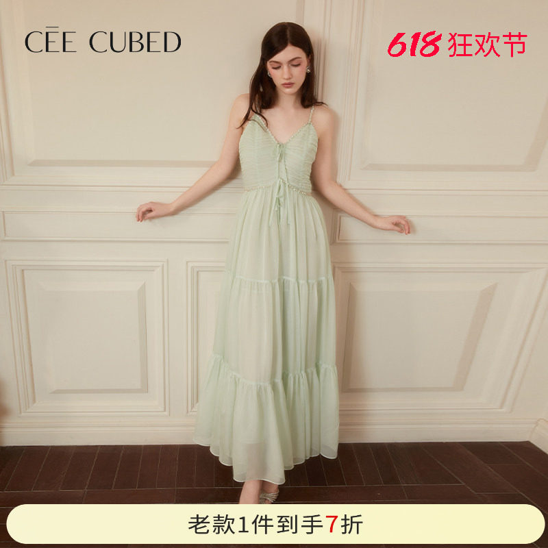 CEE CUBED薄荷曼波雪纺抽褶系带钻饰V领吊带连衣裙2026春夏新款