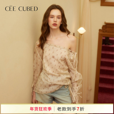 CEECUBED泡泡袖斜肩抽绳衬衫