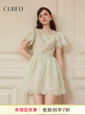 CEE CUBED欧根纱泡泡袖花朵刺绣钻饰收腰礼服连衣裙2025春夏新款
