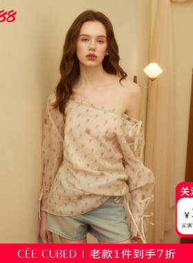CEE CUBED红白印花不规则泡泡袖斜肩长袖抽绳衬衫上衣女2026新款
