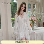 新款 ELLIGIOI银色爱心荷叶边v领长袖 蕾丝拼接设计感连衣裙25春季