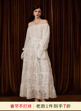 孙乐言同款CEE CUBED玫瑰镂空刺绣一字肩长袖收腰蓬蓬礼服连衣裙