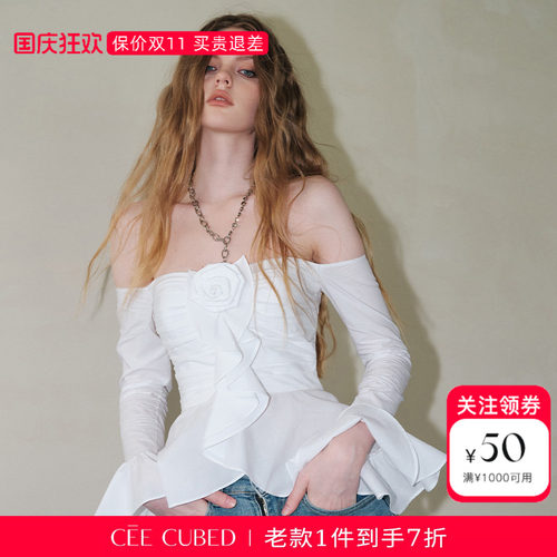 CEECUBED一字肩喇叭袖衬衫上衣