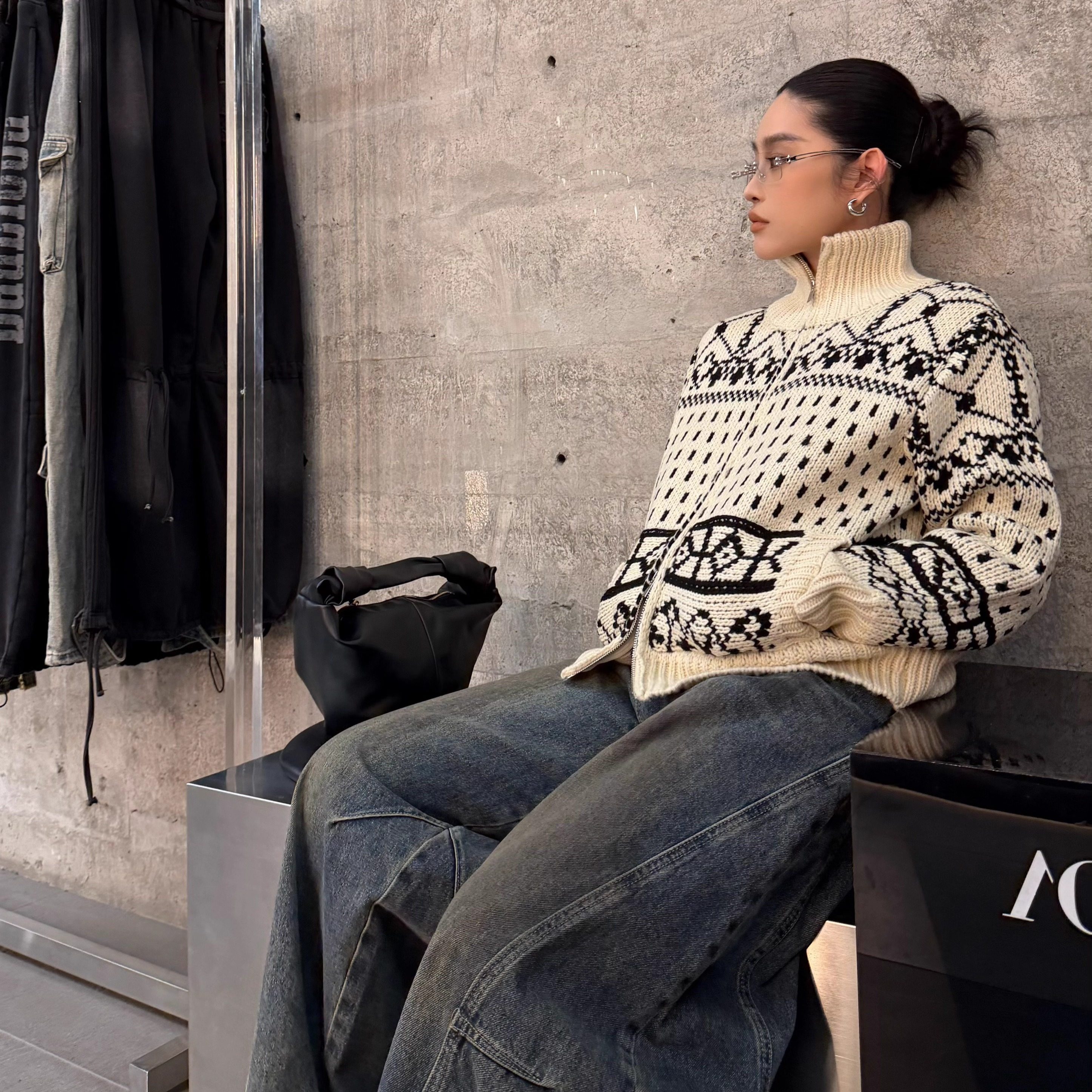 AIYALIU 2025年秋冬新款高领拉链长袖花纹印花毛衣开衫上衣外套