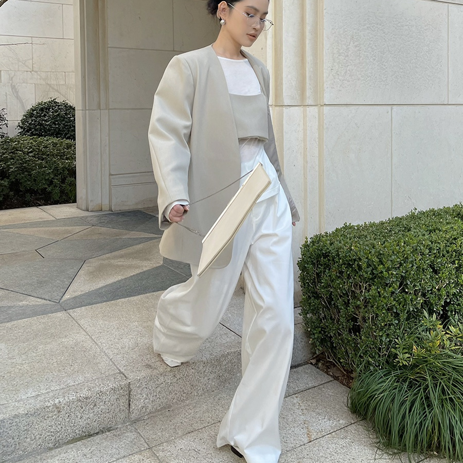 AIYALIU春季新款高街西裤宽松阔腿慵懒纯色直筒廓形休闲工装裤