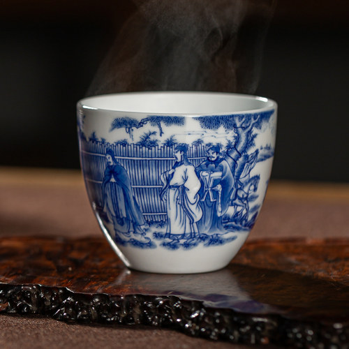 枭窑釉上青花收藏茶具三顾茅庐杯