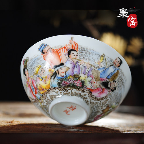 枭窑手工手绘八仙过海茶碗