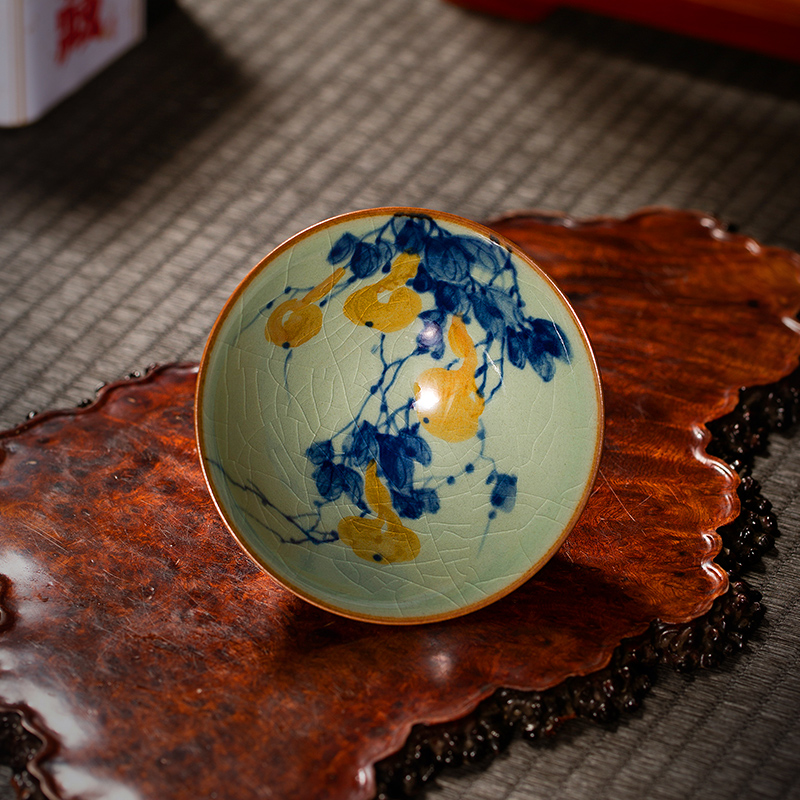 枭窑手工手绘陶泥葫芦斗笠杯柴窑