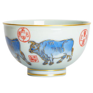 枭窑 柴窑青花五牛图手绘单杯主人杯内画描金景德镇陶瓷收藏茶具