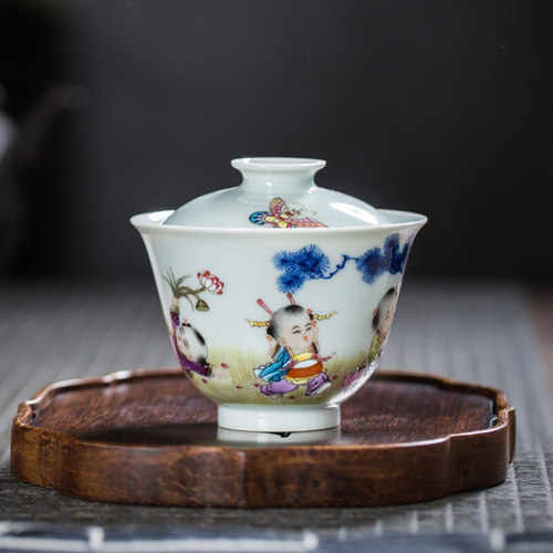 枭窑 景德镇高档茶具全手工手绘青花斗珐琅彩童趣功夫盖碗茶杯 - 封面
