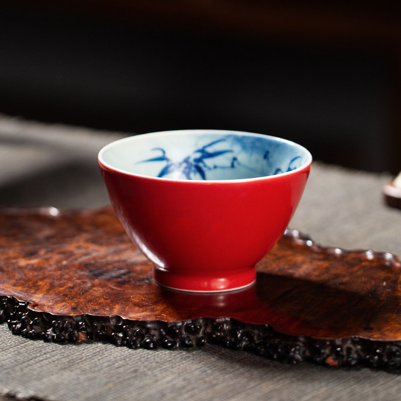 枭窑 辣椒红釉青花手绘花鸟茶具主人杯单杯景德镇陶瓷功夫茶杯