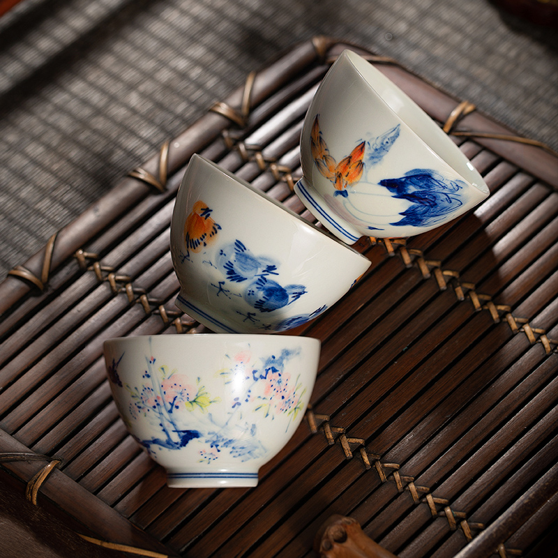 枭窑手工手绘花彩鸡心杯柴窑百财