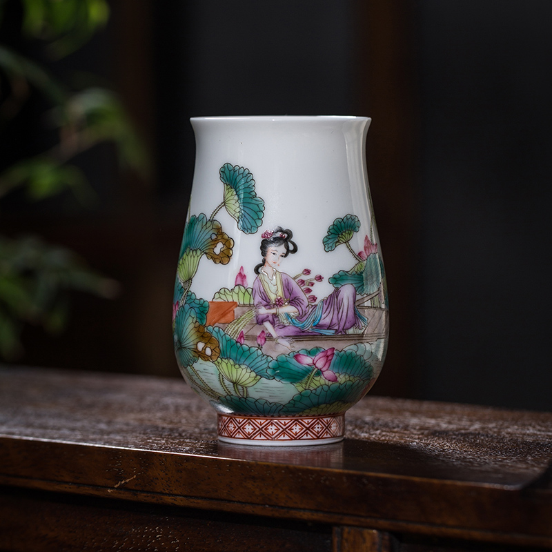 枭窑手工手绘采莲女闻香杯珐琅彩