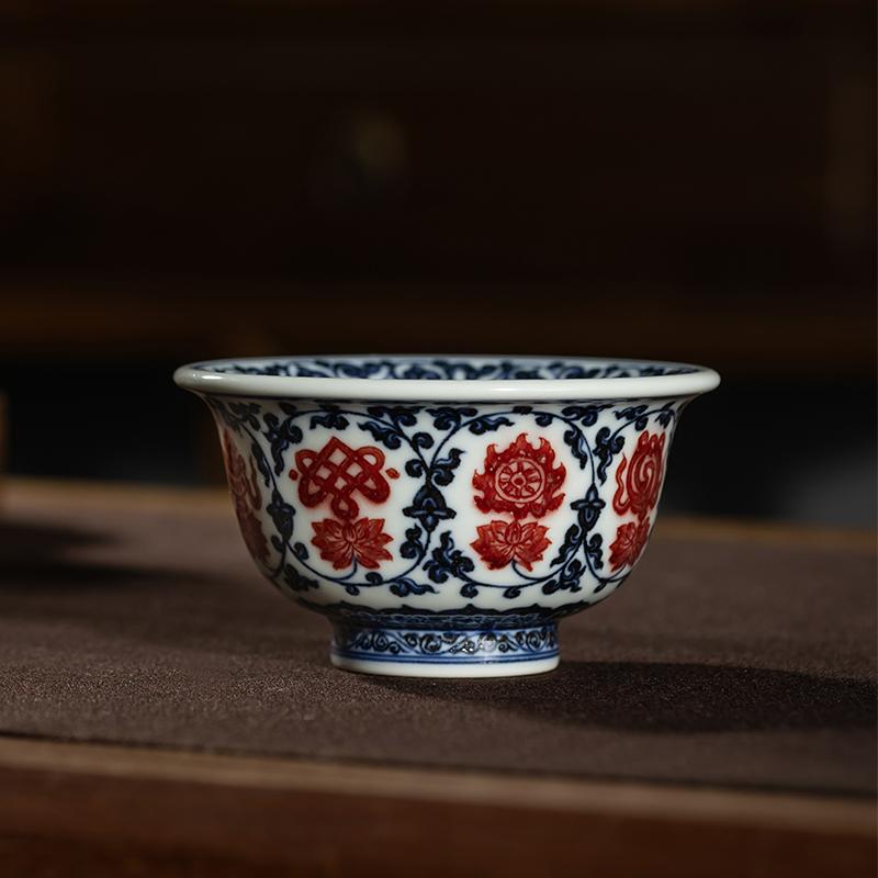 枭窑青花釉里红手工手绘茶杯