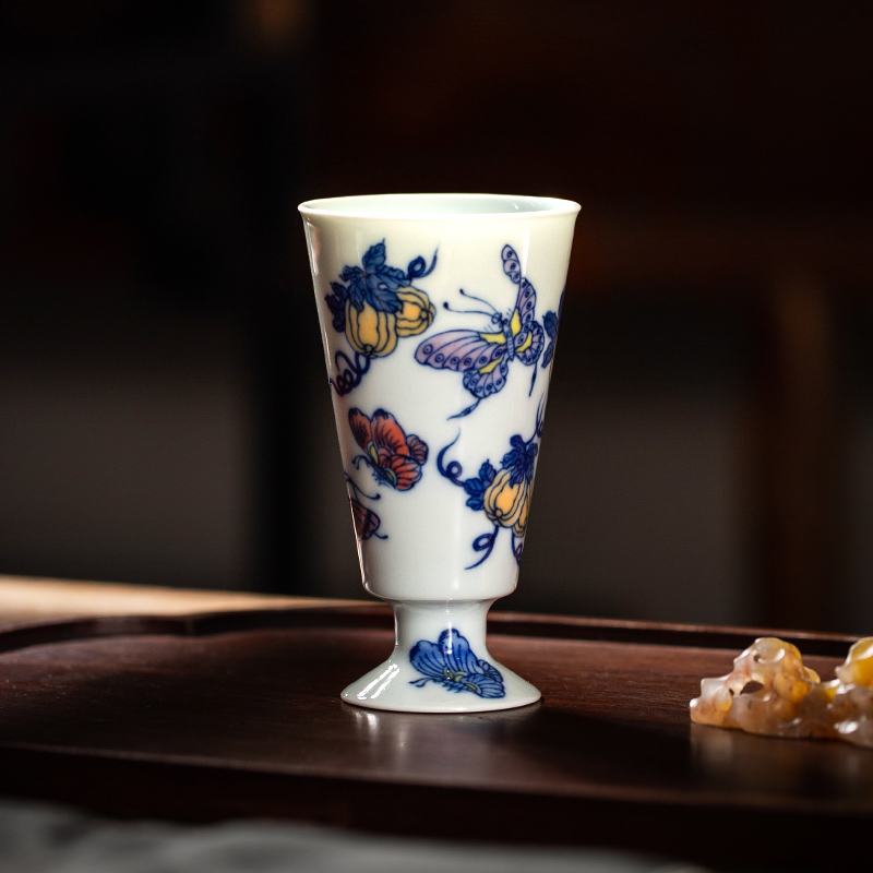 枭窑手工手绘高足铃铛瓜蝶纹杯