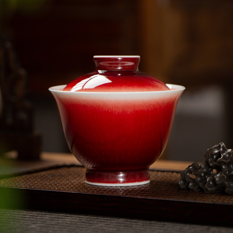 枭窑手工手绘雪顶盖碗郎红