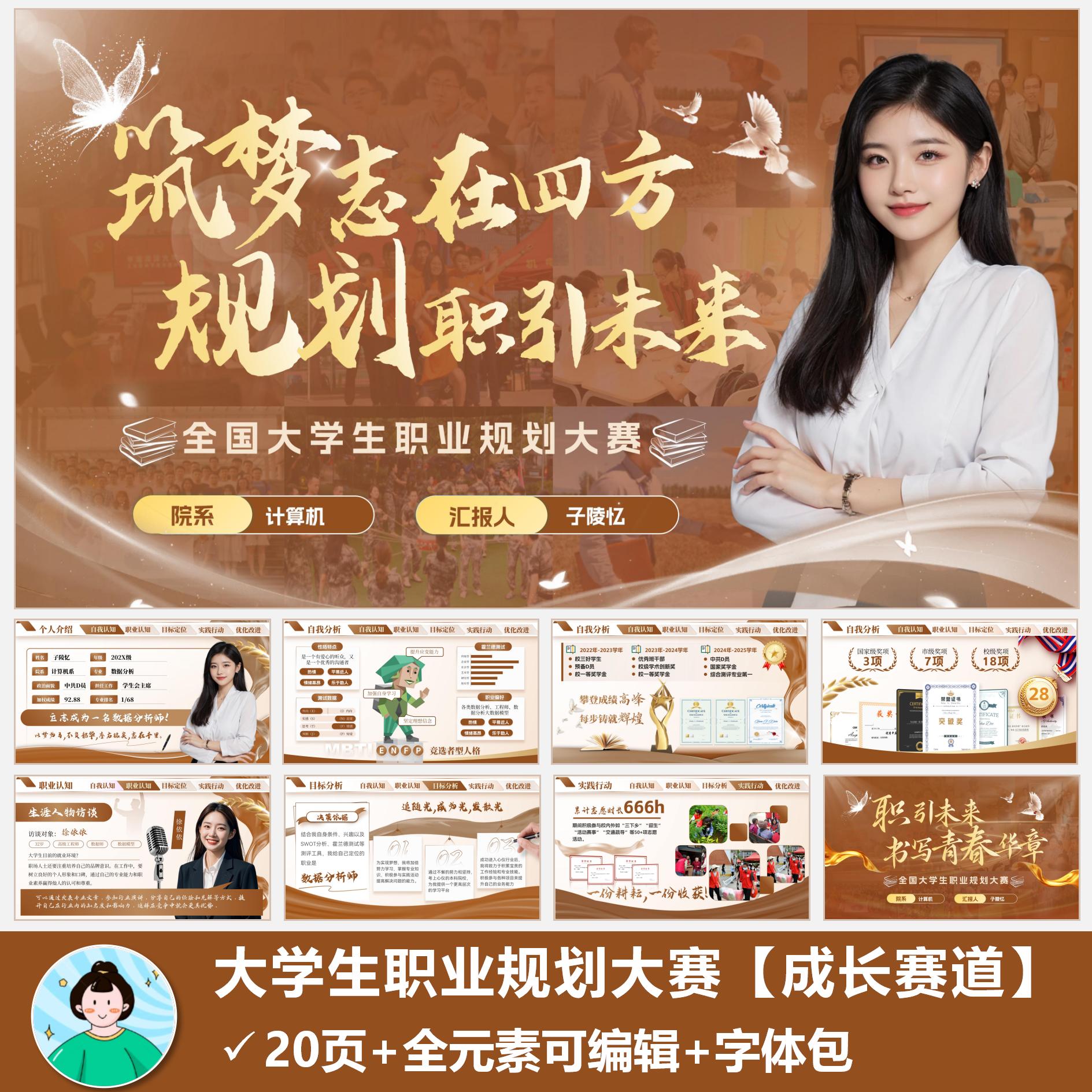 高端大学生职业生涯规划成长赛道PPT模版【棕黄色版】自动发货