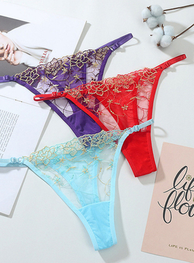 80-150斤 女士性感蕾丝丁字裤透明低腰内裤刺绣透气少女纯棉档T裤