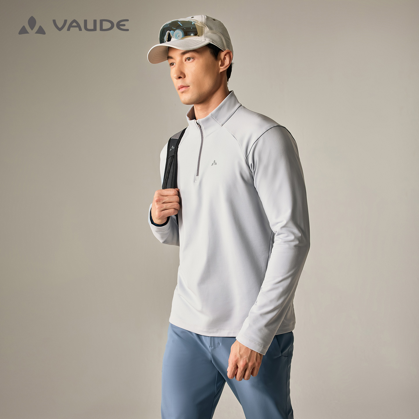 VAUDE巍德户外长袖抓绒衣polartec运动保暖排湿男立领半拉功能衣