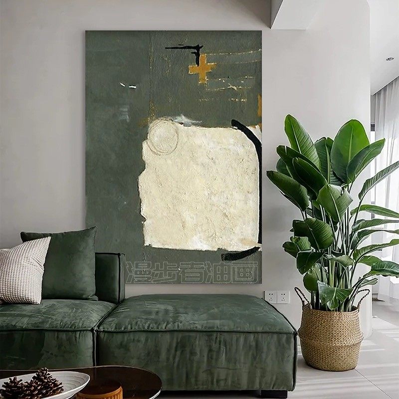 手绘油画玄关绿色丙烯肌理抽象画客厅大幅落地装饰画现代极简挂画