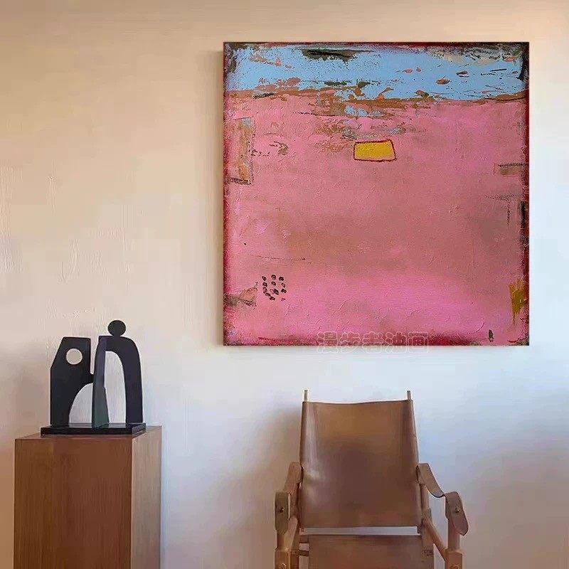 工业风手绘抽象油画客厅侘寂风装饰画卧室餐厅粉色正方形手工挂画