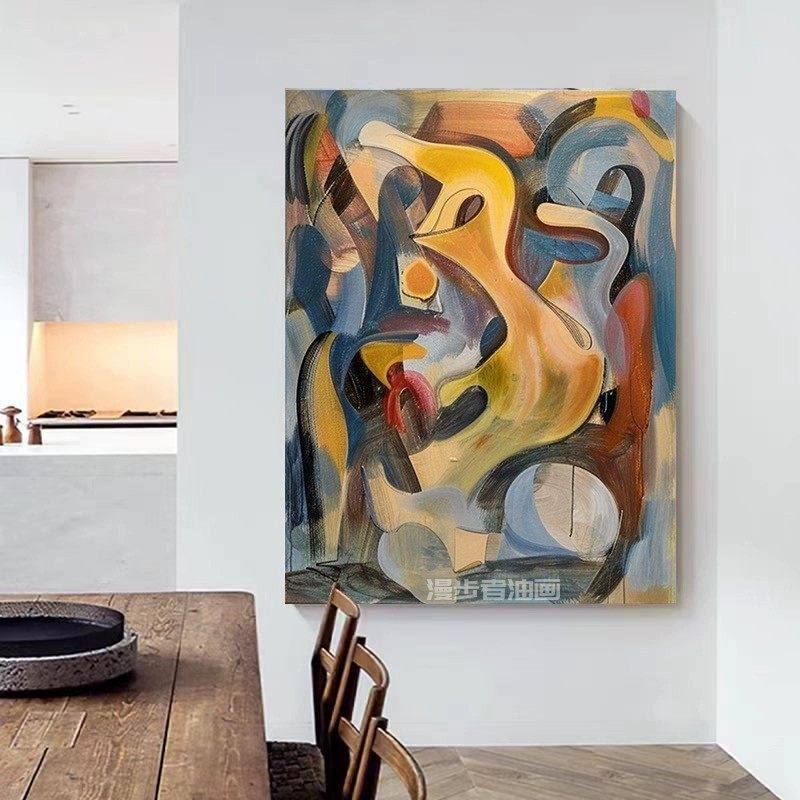 多巴胺纯手绘油画客厅肌理抽象装饰画玄关走廊餐厅毕加索彩色挂画