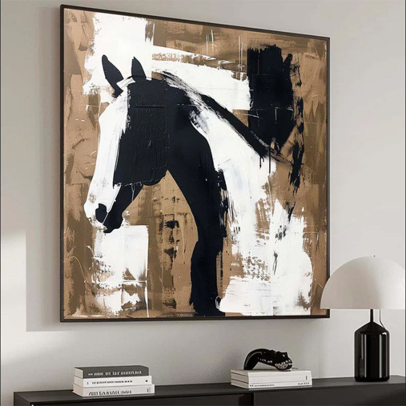 手绘油画《骏马》餐厅挂画客厅沙发背景墙装饰画玄关壁画肌理黑白
