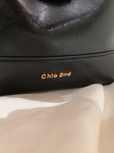 Close-up of a black leather bag with gold logo detail