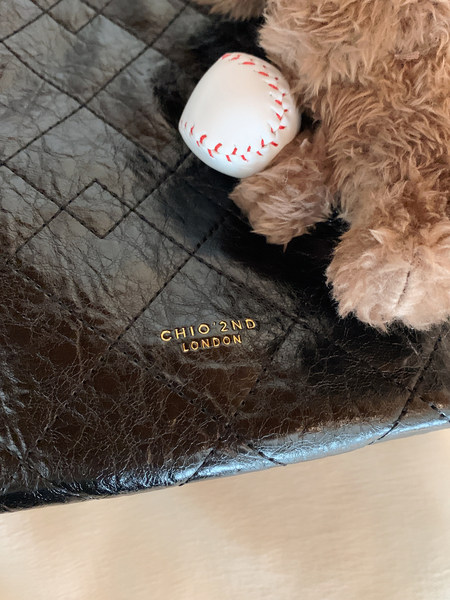 Black textured branded bag with fuzzy trim and gold logo
