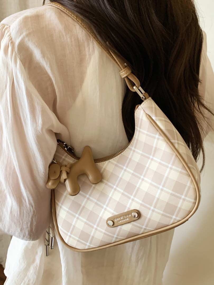 Plaid beige shoulder handbag worn by a person