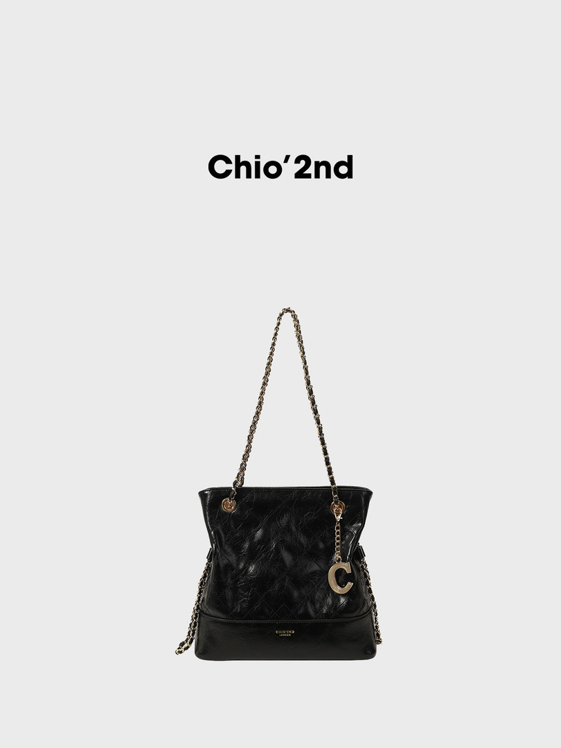 Black leather chain-strap handbag with gold hardware on a white background
