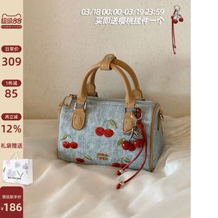 南风Chio2nd 甜心樱桃手提包包女士牛仔蓝波士顿包超火上班小拎包