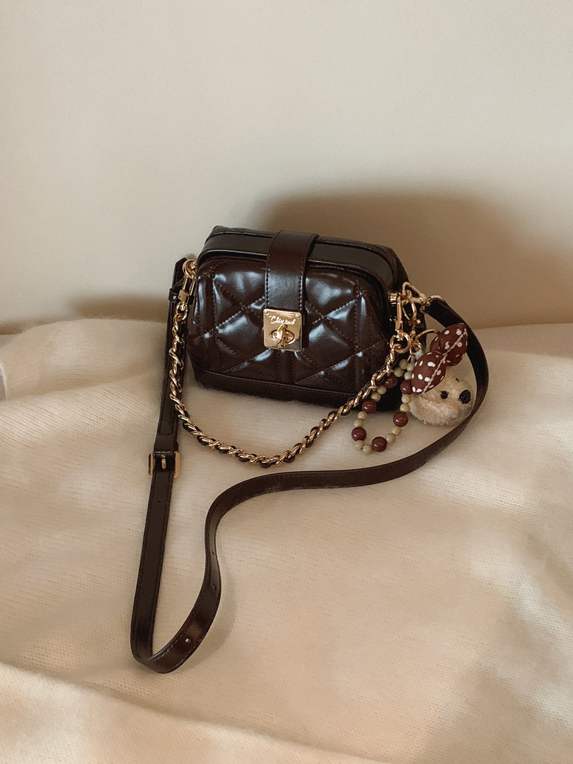 Dark brown quilted leather mini handbag with chain strap and charm accents