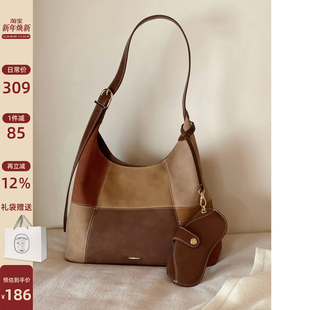 复古通勤单肩包斜挎包 冬季 南风Chio2nd 暖棕系拼色托特包包女新款