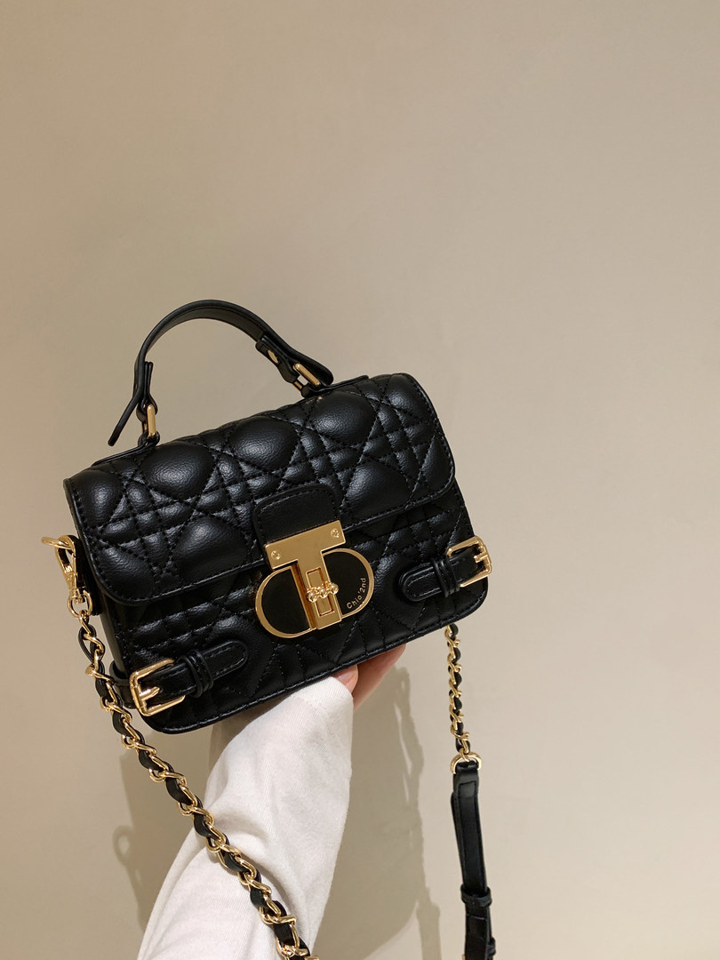 Black quilted mini handbag with gold hardware and chain strap