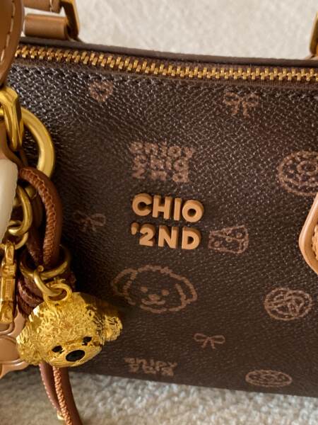 Close-up of a brown monogram designer handbag with gold hardware and charm