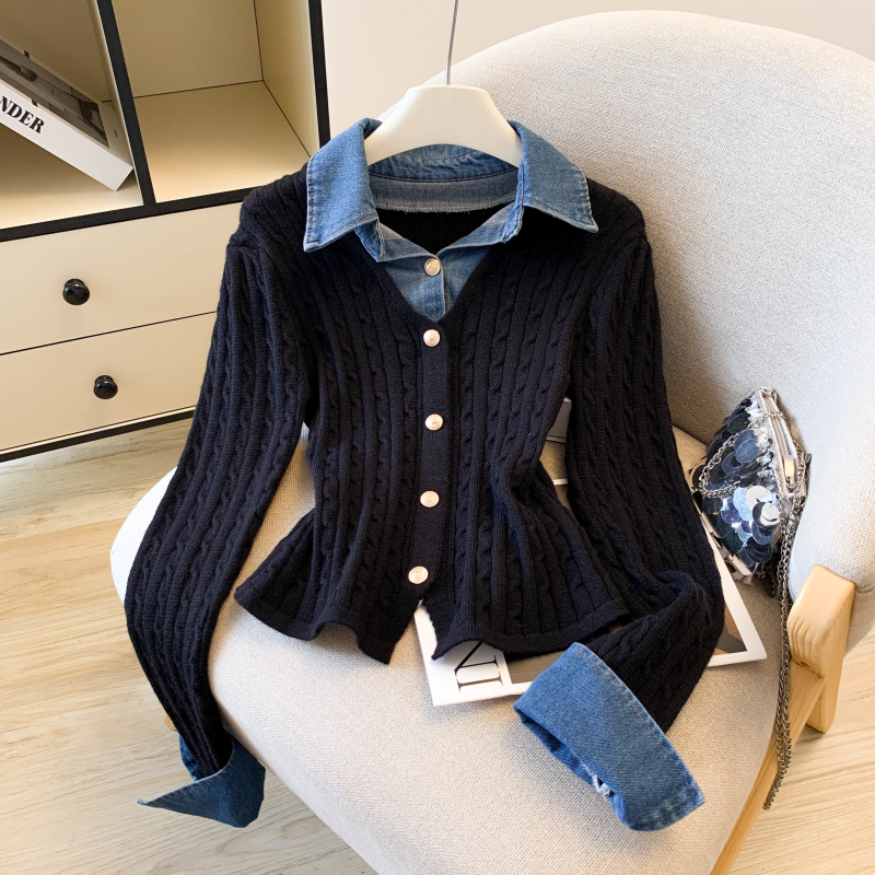 25秋冬新款牛仔拼接扭花假两件时尚气质针织开衫外套上衣女