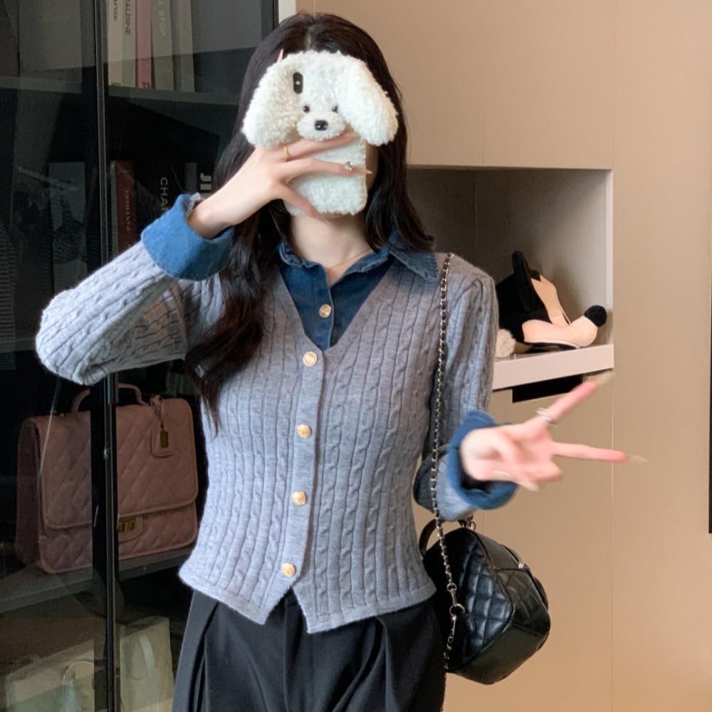 25秋冬新款牛仔拼接扭花假两件时尚气质针织开衫外套上衣女