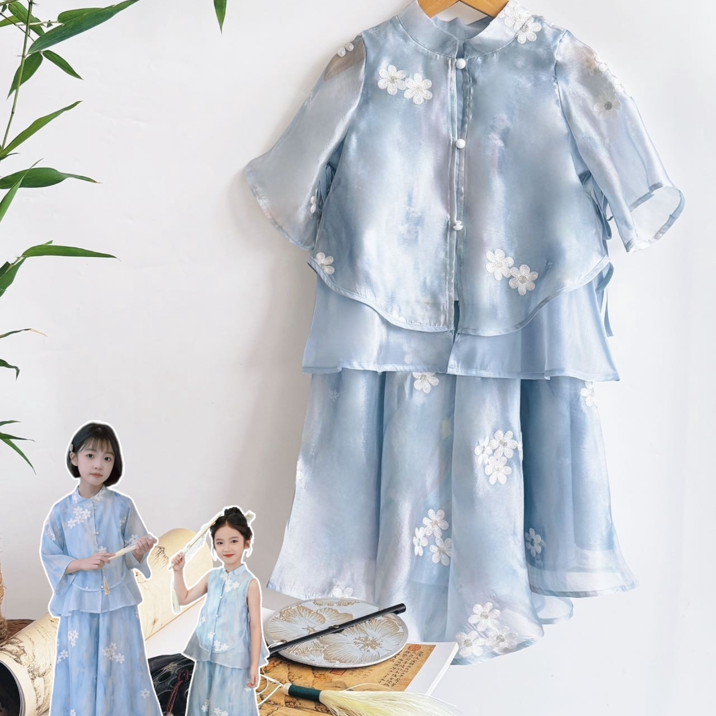 女童新中式套装夏季薄款刺绣旗袍