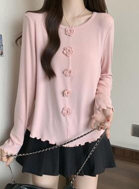 90-300斤大码女秋季新款法式温柔风别致漂亮MM上衣立体花朵打底衫