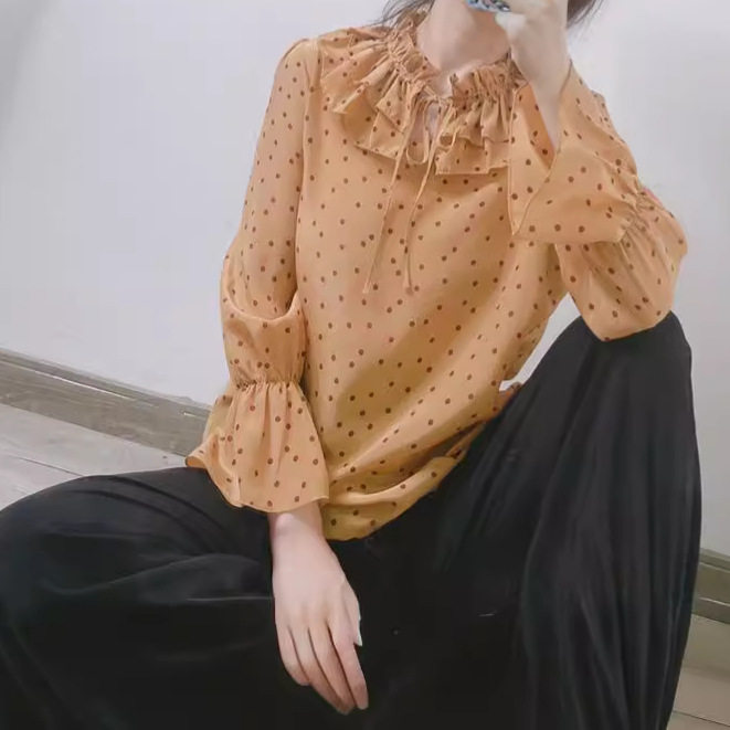 真丝桑S蚕S丝双绉波点色女士花衬衫