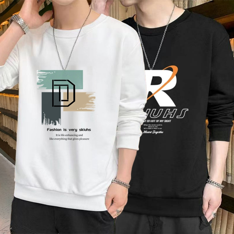 长袖t恤男韩版潮流春秋季宽松重磅印花休闲卫衣高级感男生套头衫