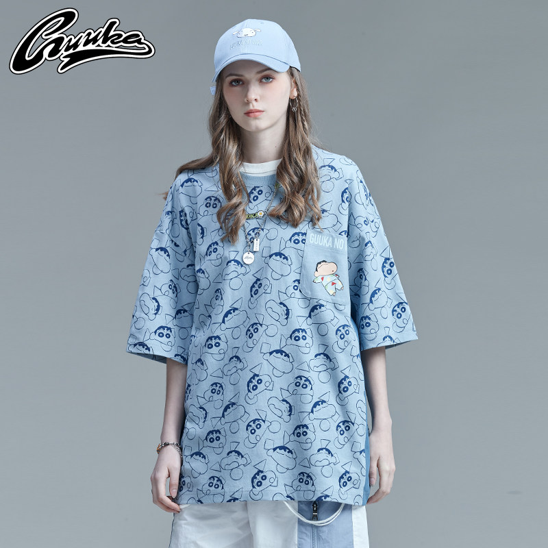 短袖ins潮卡通GUUKA夏季雾蓝色