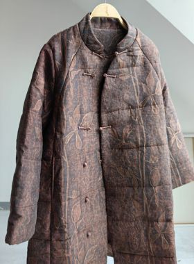 言午葵中国风蚕丝复古斑驳提花全开扣加厚保暖冬季中长棉衣外套