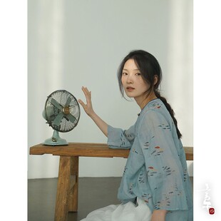 言午葵原创中国风禅意数码印花珠扣上衣 文艺复古清凉斜襟衬衫