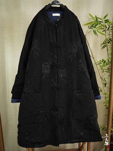 言午葵新中式国风丝麻提花复古手工盘扣中长款宽松外套绗绵棉服