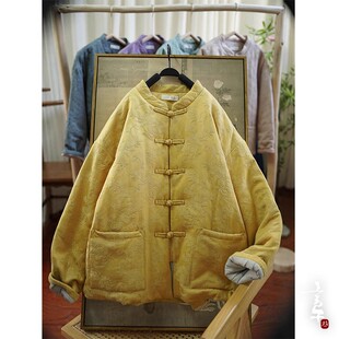 言午葵冬季新品 新疆棉花复古提花盘扣立领宽松长袖开衫外套棉衣