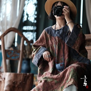 言午葵2023秋季 复古旧感纯亚麻宽松盘扣斜襟拼色花袍2092朱颜 新款