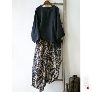 言午葵原创设计色织亚麻细衬衫宽袖套头衫复古禅意简约九分亚麻裤